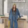High quality Plus size women loose sets Top and High waist Patch work Denim Suits