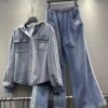 High quality Plus size women loose sets Top and High waist Patch work Denim Suits