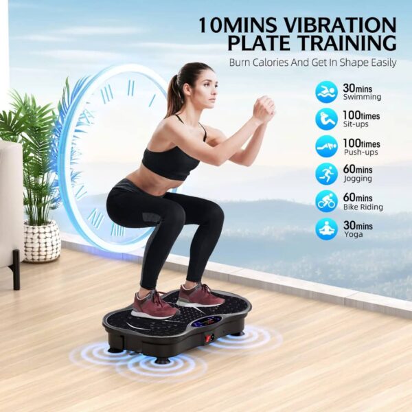 Whole body vibration platform fitness machine with resistance bands and remote control for fat burning and weight loss.