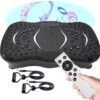 Whole body vibration platform fitness machine with resistance bands and remote control for fat burning and weight loss.