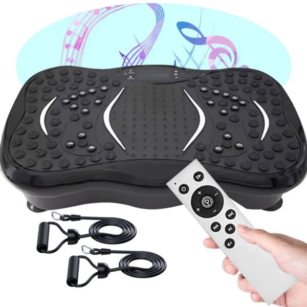 Whole body vibration platform fitness machine with resistance bands and remote control for fat burning and weight loss.
